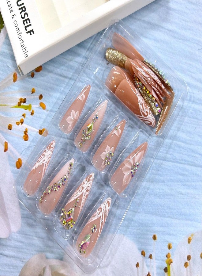 CJDLTS French Tip Press on Nails Long Length Rhinestones False Nail Flower Glitter Powder Stripes Design Full Cover Artificial Almond Stick on Nails Nude Acrylic Glue on Nail for Women Manicure 24Pcs - Image 4